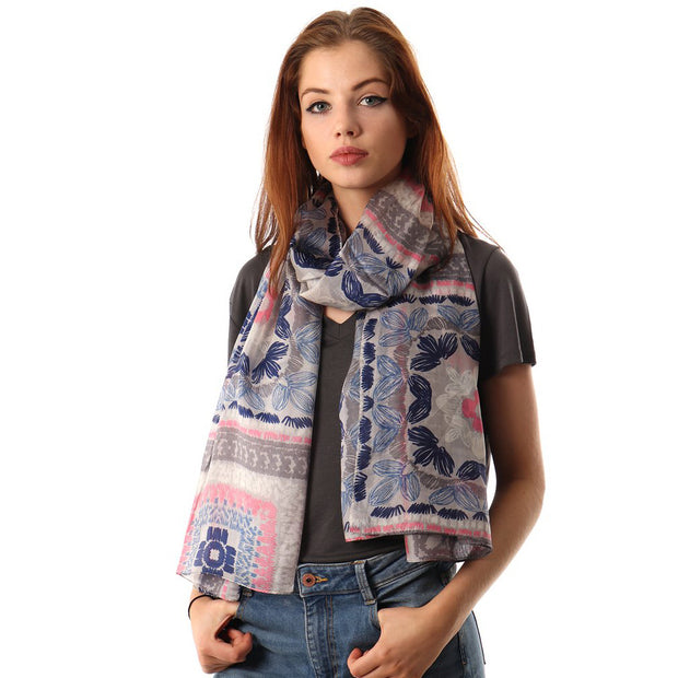 Belmore Boutique grey and pink abstract floral print silk scarf. 