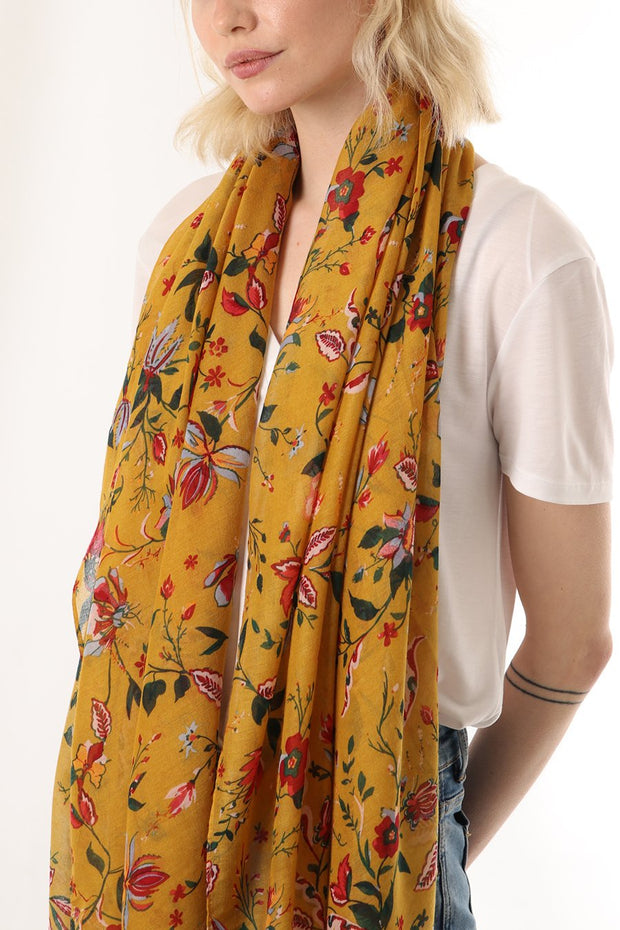 Floral Scarf with Mustard, Red, Green Colours - Belmore Boutique