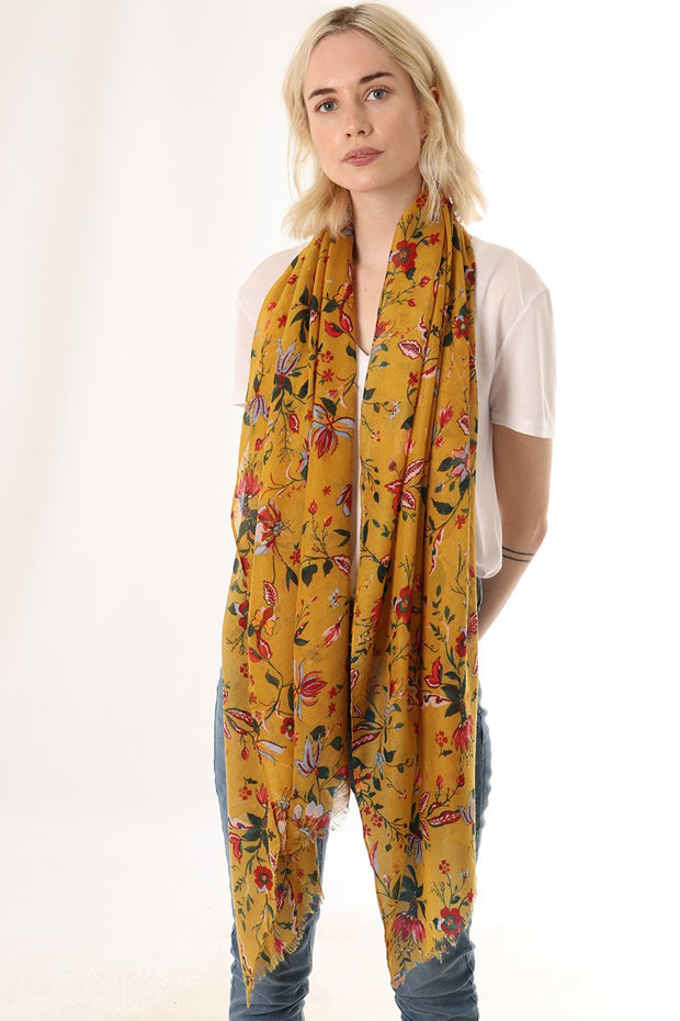 Floral Scarf with Mustard, Red, Green Colours - Belmore Boutique