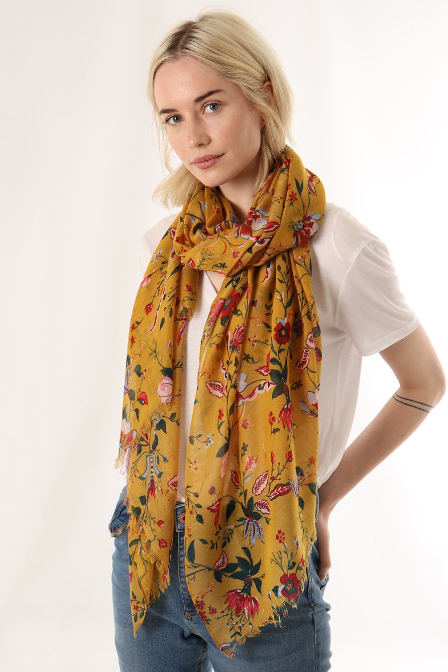 Floral Scarf with Mustard, Red, Green Colours