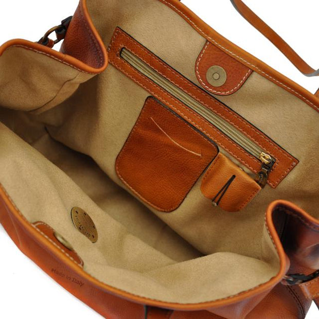 Inside of Pratesi Vetulonia brown leather handbag. 