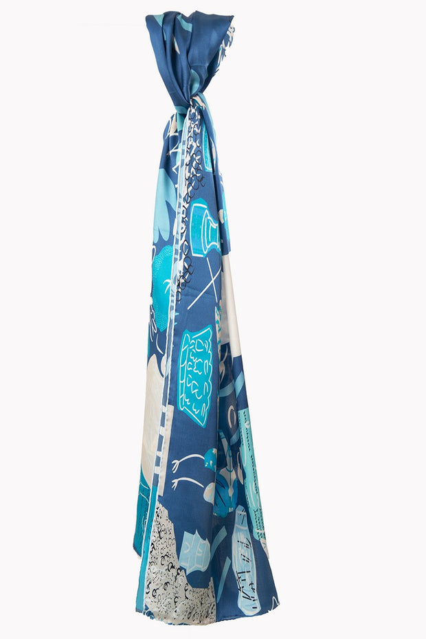 Blue Illustrated Nature  - 100% Silk Scarf - Belmore Boutique