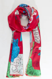 Red and Blue Illustrated Nature  - 100% Silk Scarf - Belmore Boutique