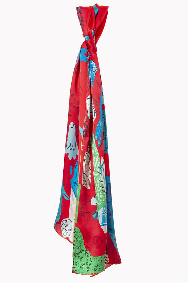 Red and Blue Illustrated Nature  - 100% Silk Scarf - Belmore Boutique