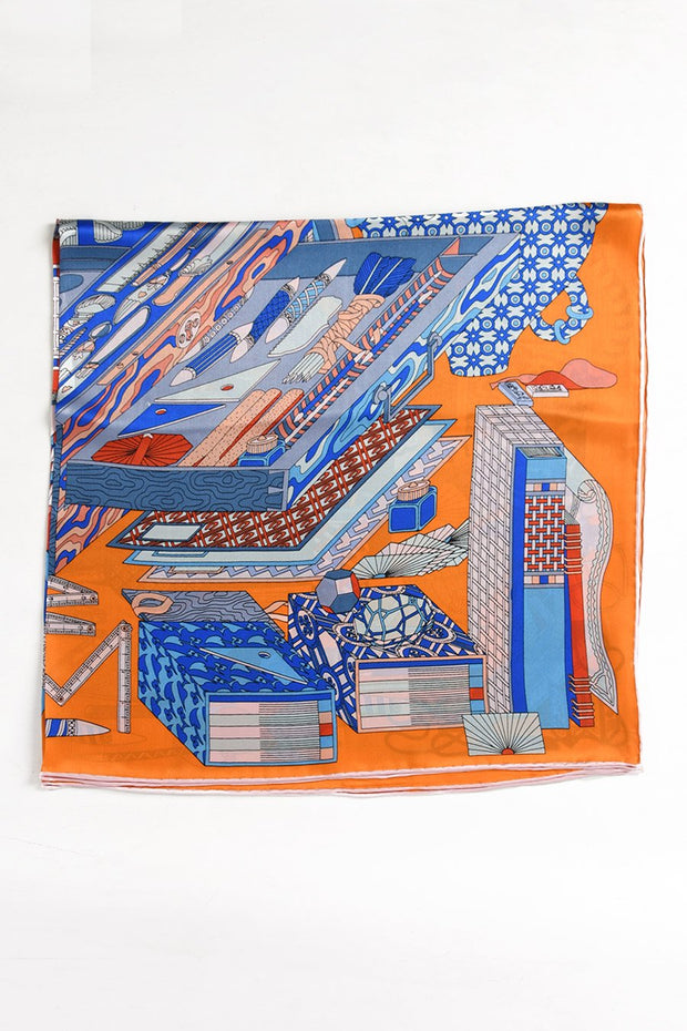 Orange Illustrated Abstract  - 100% Silk Scarf - Belmore Boutique
