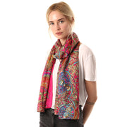 Belmore Boutique pink Celtic print silk scarf on model. 