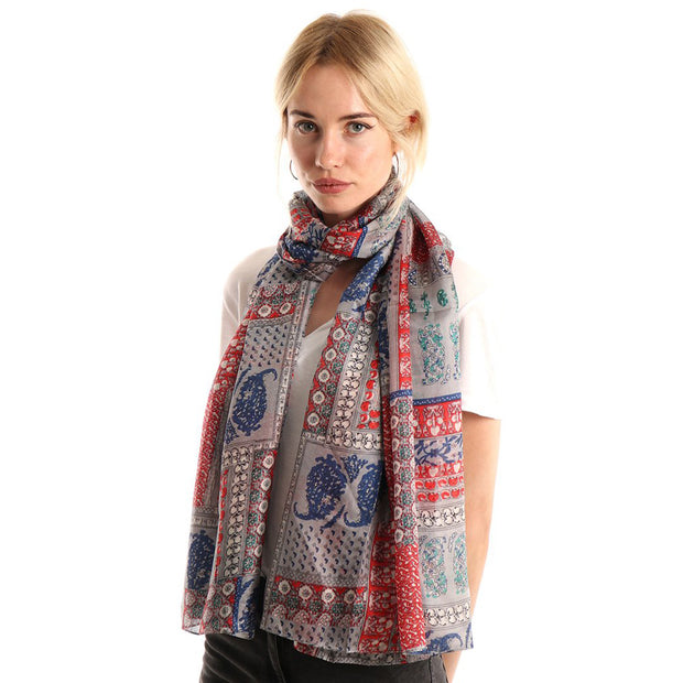 Belmore Boutique grey and red paisley print silk scarf. 
