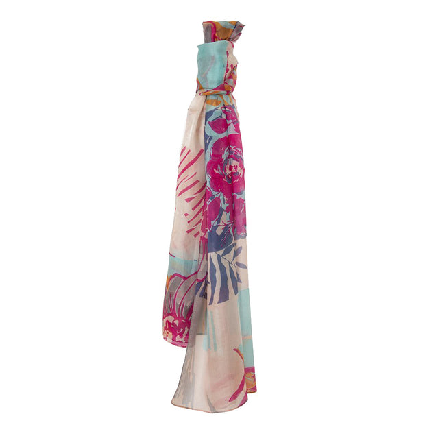 Belmore Boutique pink and purple floral print silk scarf. 