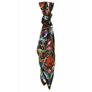 Belmore Boutique black and gold hummingbird print silk scarf.