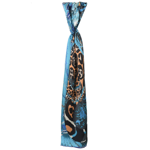 Belmore Boutique blue and cream leopard jungle print silk scarf. 