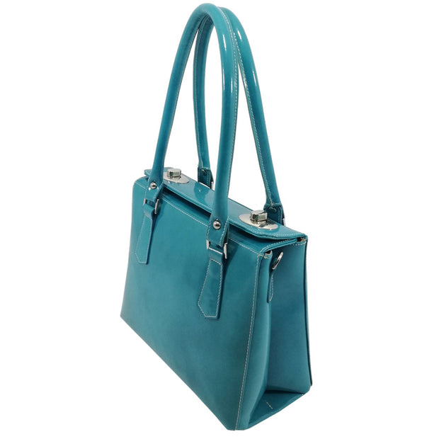 Side of Giordano Tiffany teal leather handbag. 